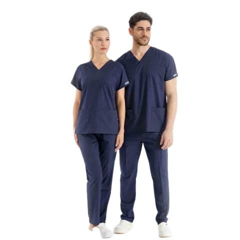 Lacivert Lüx Likralı Unısex Yarasa Kol Hemşire ve Doktor Forması Takımı Scrubs Hastane Üniforması
