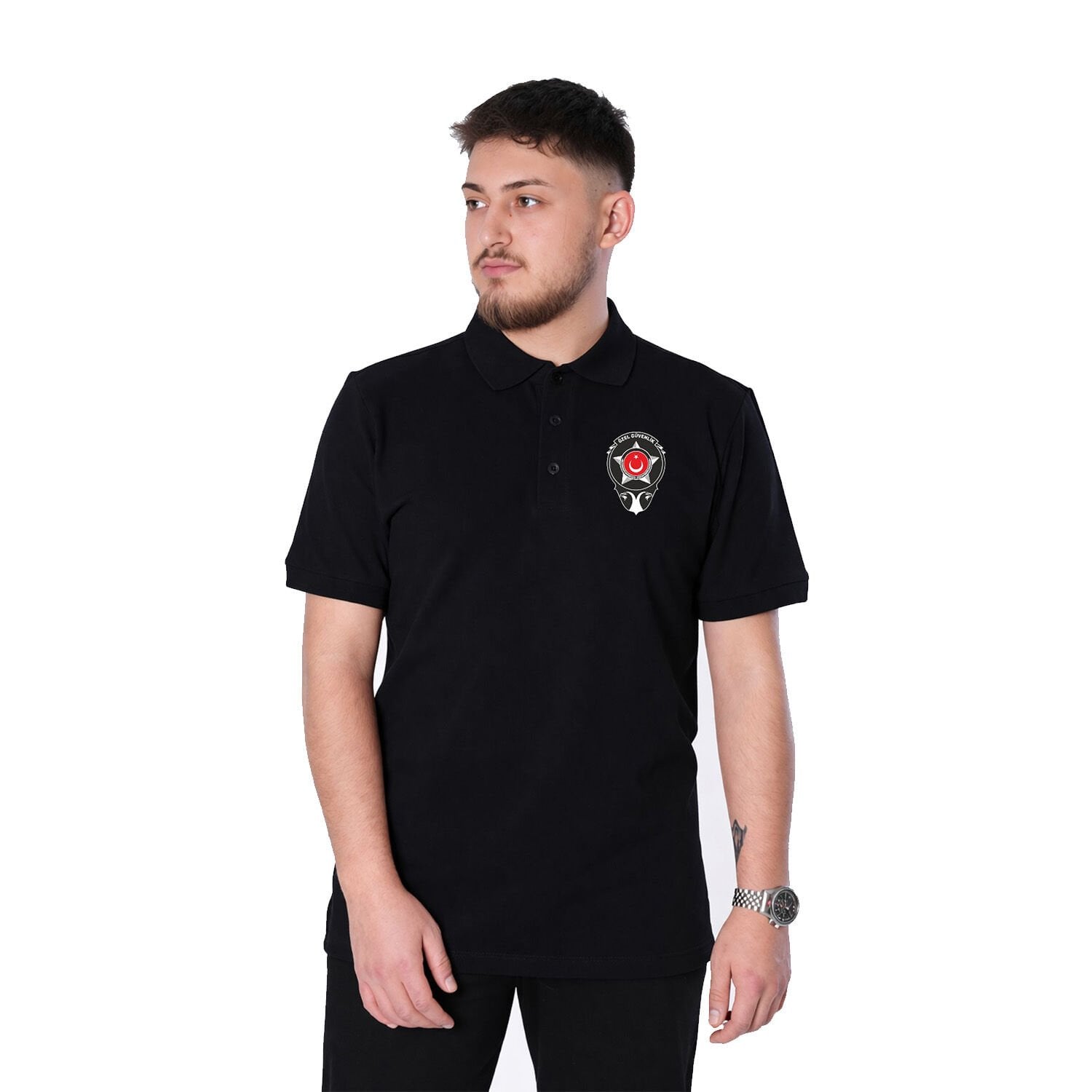 Polo Yaka Özel Güvenlik Tişörtü Logo Baskılı Siyah