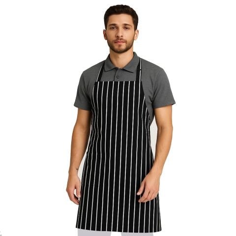 İtalyan Siyah Beyaz Çizgili Cepli Askılı Önlük Gıda Önlüğü Mutfak Önlüğü