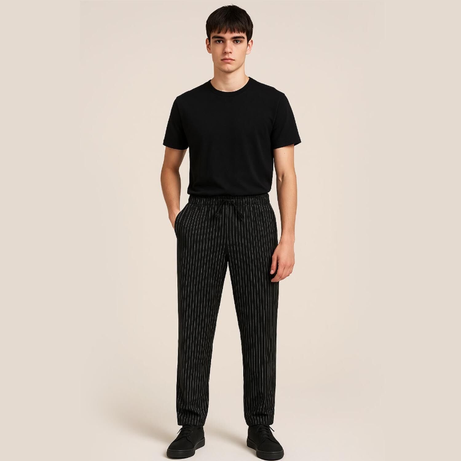 Erkek İtalyan Siyah Beyaz Çizgili Lastikli Aşçı Pantolonu